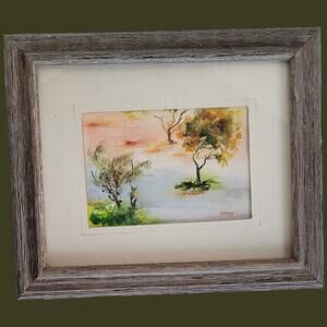 Vintage 1950s Signed Abstract Plein-air Watercolor Painting of Small Trees